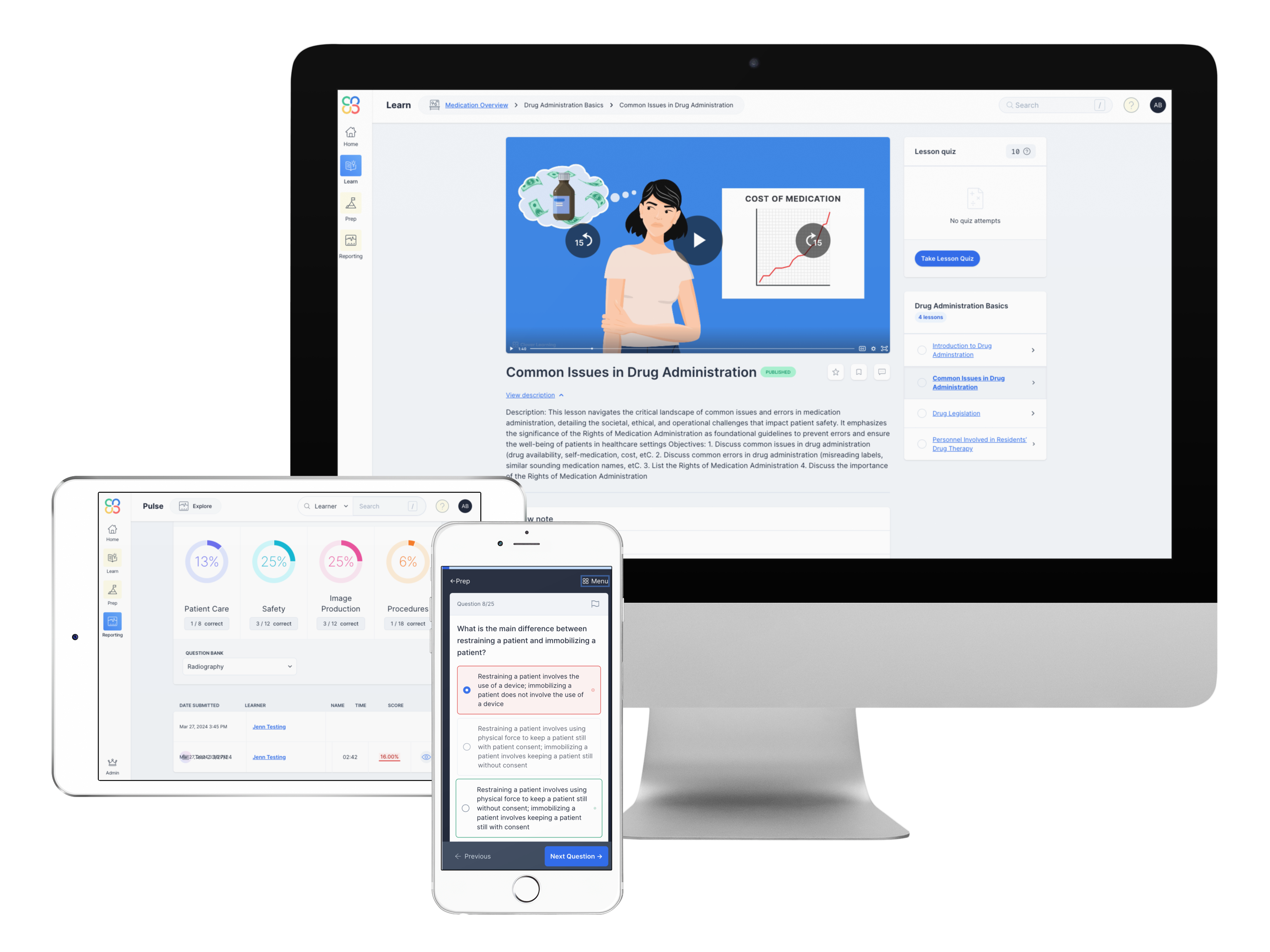 Desktop, tablet, and smartphone displaying Clover Learning with video lessons, assessments, and performance dashboards, highlighting a responsive design across multiple devices.