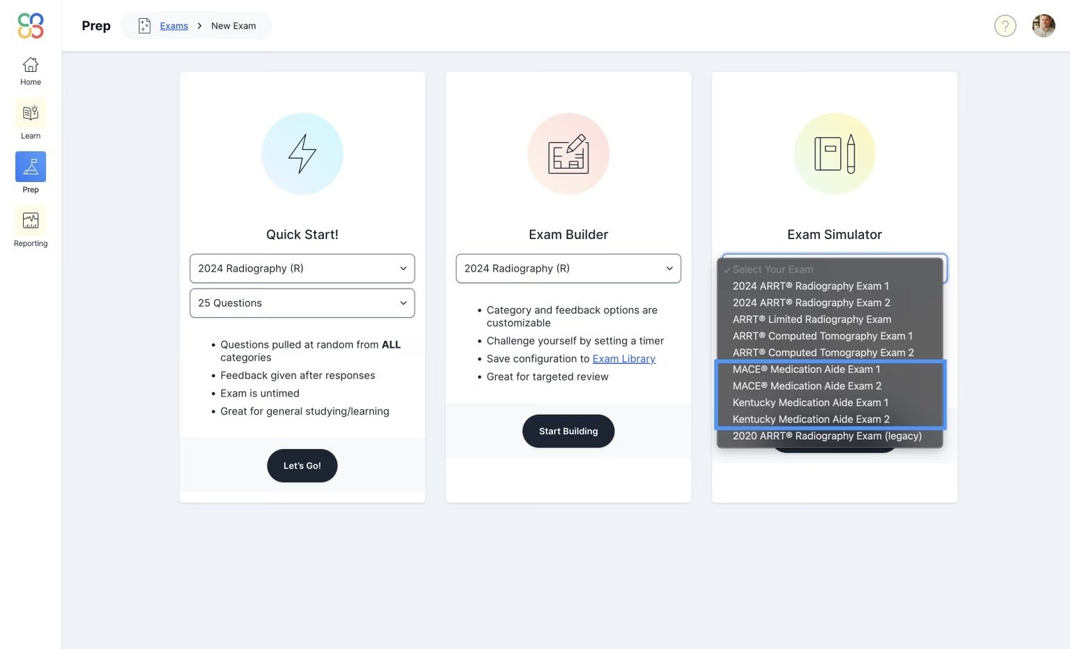 Prep page showing three options: Quick Start, Exam Builder, and Exam Simulator. The Exam Simulator dropdown is open with MACE® Medication Aide Exam 1 selected, and additional exam options listed below.