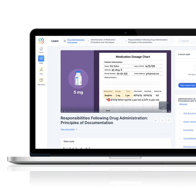Laptop displaying a Clover Learning lesson page titled “Responsibilities Following Drug Administration: Principles of Documentation,” featuring a medication dosage chart and a 5 mg vial graphic. Lesson navigation and quiz panel appear on the right.