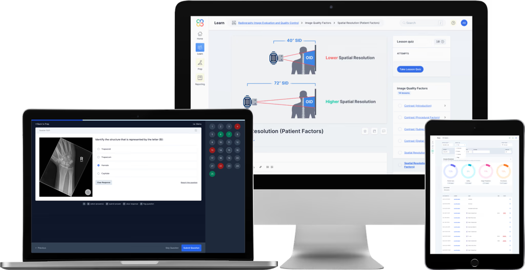 Clover Learning platform displayed across desktop, laptop, tablet, and smartphone screens, showing radiography lessons, exam practice questions, image quality diagrams, and performance analytics.