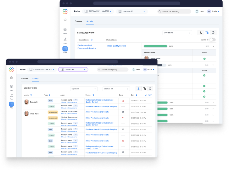 Clover Learning's Pulse application displaying structured course progress and learner performance dashboards.